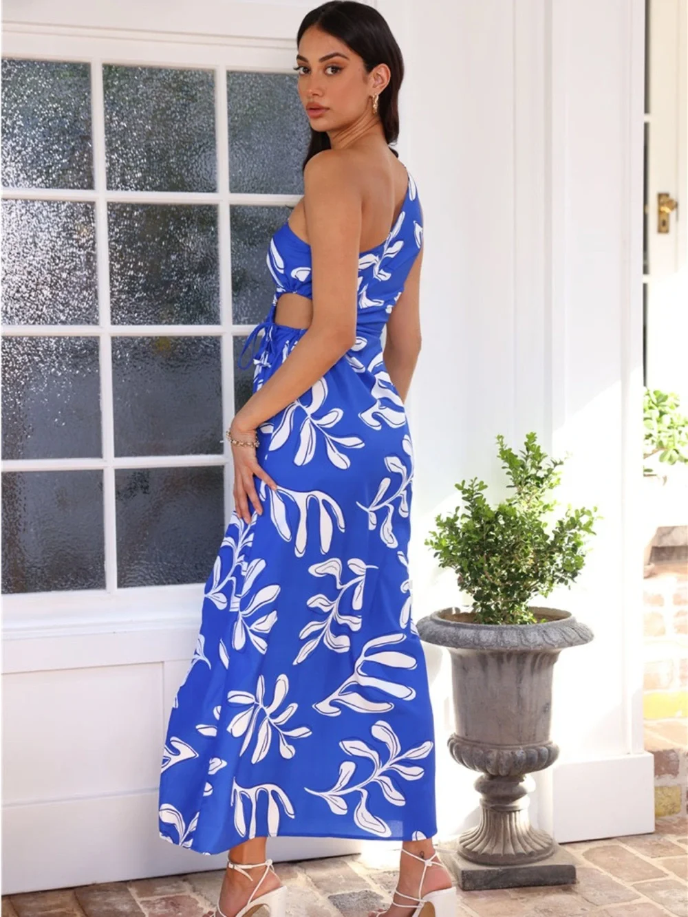 Hello Molly One-Shoulder Royal Blue and White Cutout Maxi Dress - Picture 3 of 10
